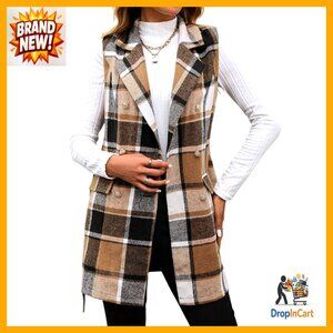 Classic Wool Plaid Vest Sleeveless Blazer Trench Coat Chic Office Wear